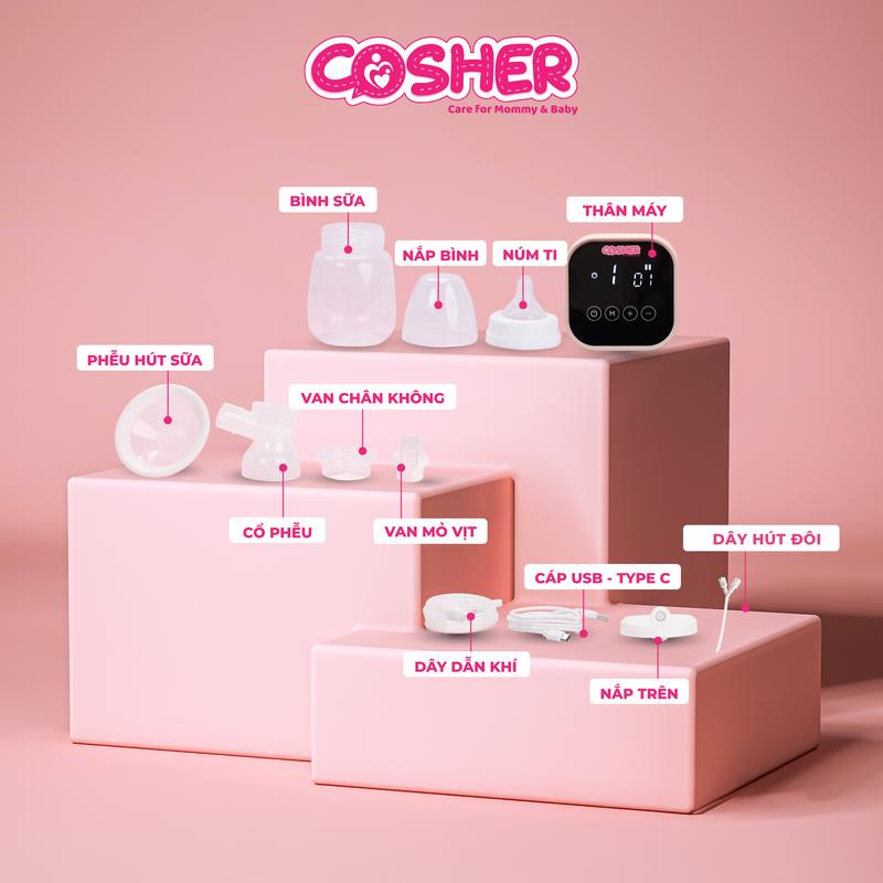 Phụ kiện Máy hút sữa điện đôi Cosher đầy đủ