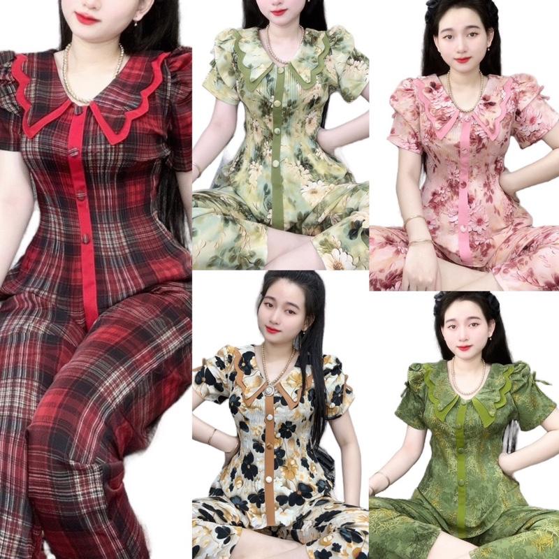 [ QUẦN DÀI ] Đồ bộ nữ tay ngắn , Áo Dập Ly Cổ Lượn Tay Nhúng Vải Lụa Mango mịn mát nhiều họa tiết , form thiết kế sang trọng Women