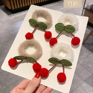 1pcs Ikat Rambut Cherry - Hair Tie Korean Version Towel Rope Plush Ball Cherry Elasticity