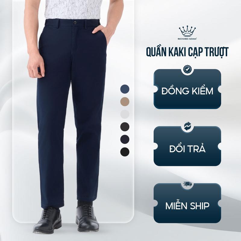 Quần kaki dài cho Nam Cạp Trượt side tab Richard Adam Vải Kaki Cao Cấp, Co Giãn Thoải Mái, Phom Regular có túi ống suông đứng Vừa Vặn, Đi Làm, Đi Chơi màu đen quankaki trung nien QK221024