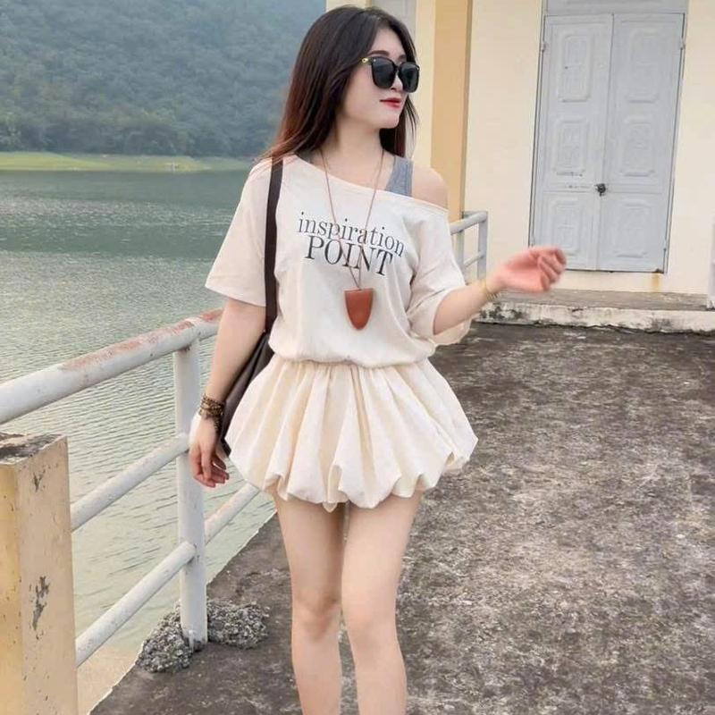 Sét Áo Cotton Giấy Lệch Vai Mix Chân Váy Bí Xoè Dành Cho Nữ Dễ Mặc Sang Chảnh by T.LINH STORE 68