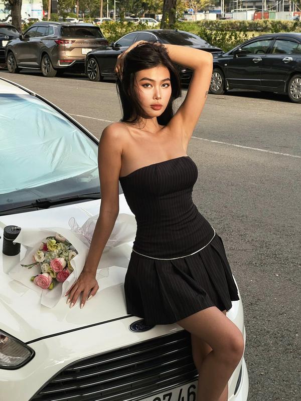  Đầm nữ cúp sọc màu đen - đầm ống - ByVee Style  có ánh xanh nhẹ  