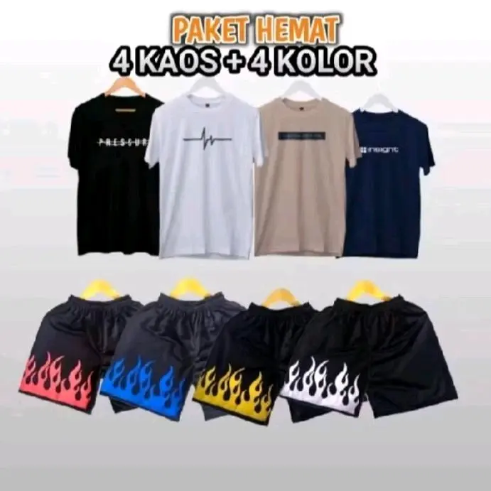 Paket 4 Kaos dan Celana Boxer Motif Api Unisex, Bahan Double Polyester Soft, Sablon Rubber - Panjang, Katun 0