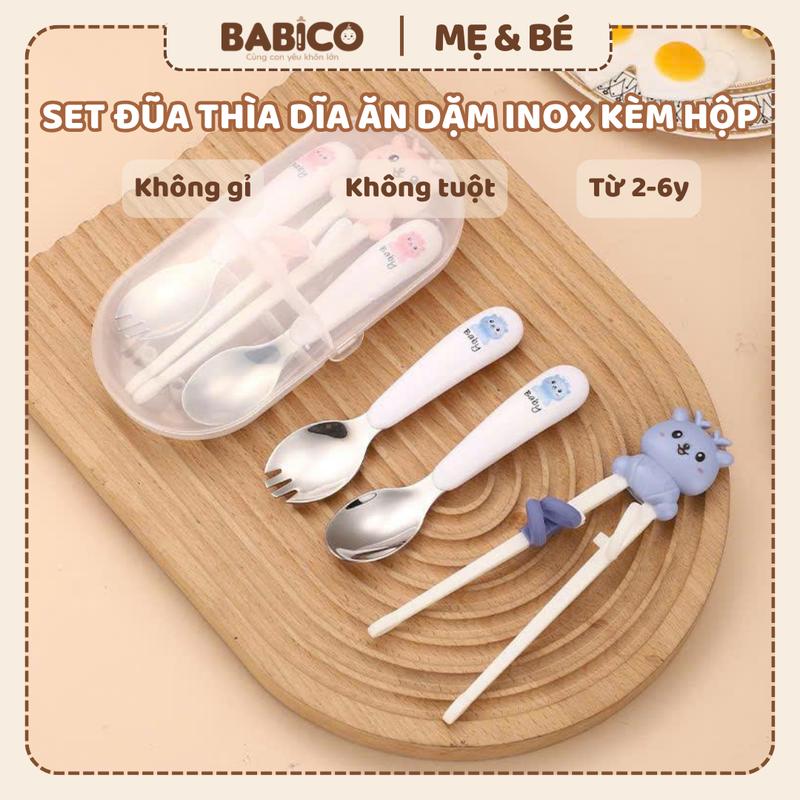 Set Đũa Thìa Dĩa Ăn Dặm Chất Liệu Inox Kèm Hộp Phong Cách Hàn Baby - Đô Dùng Ăn Dặm Cho Bé Yêu Mới