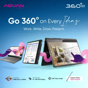 ADVAN 360 Go 4GB/256GB 14” AMD Ryzen 3 3200U FHD IPS Touchscreen Laptop 2-in-1 Notebook Flip Free Windows 11 Original Garansi Resmi