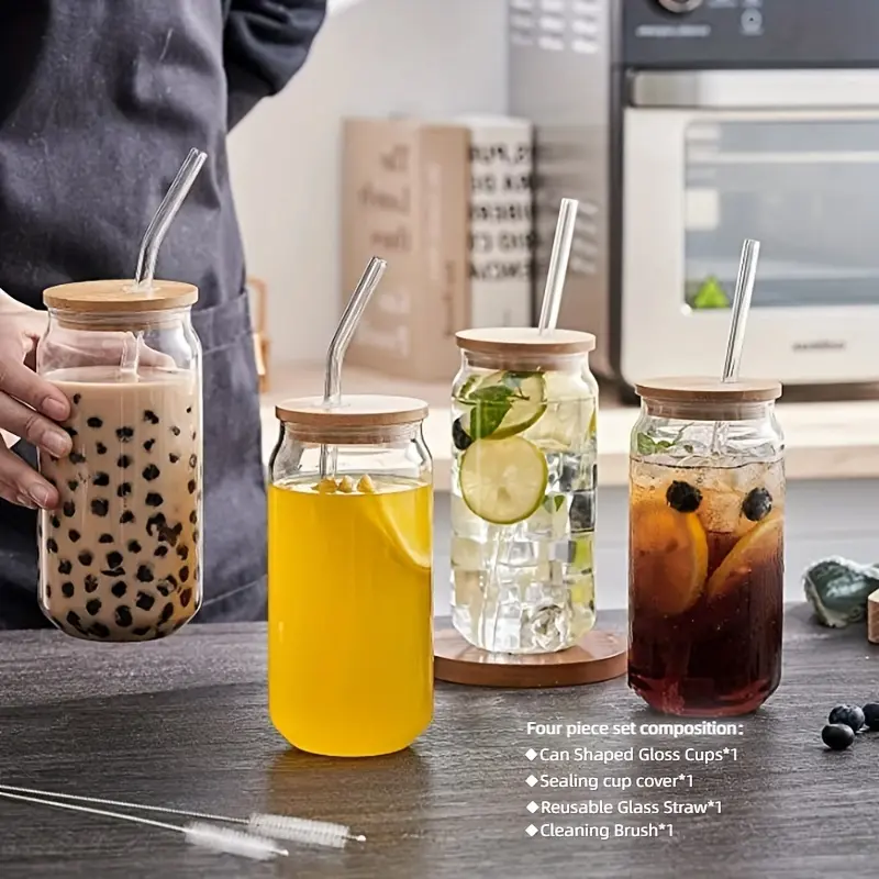 Set (1Pc 500Ml Water Cup +1Pc Bamboo Lid + 1Pc Glass Straw + 1Pc Straw Brush) High Borosilicate Drinking Cups, Cute Reusable Glass Cup for Juice ,Water ,Coffee,Tea,Milk