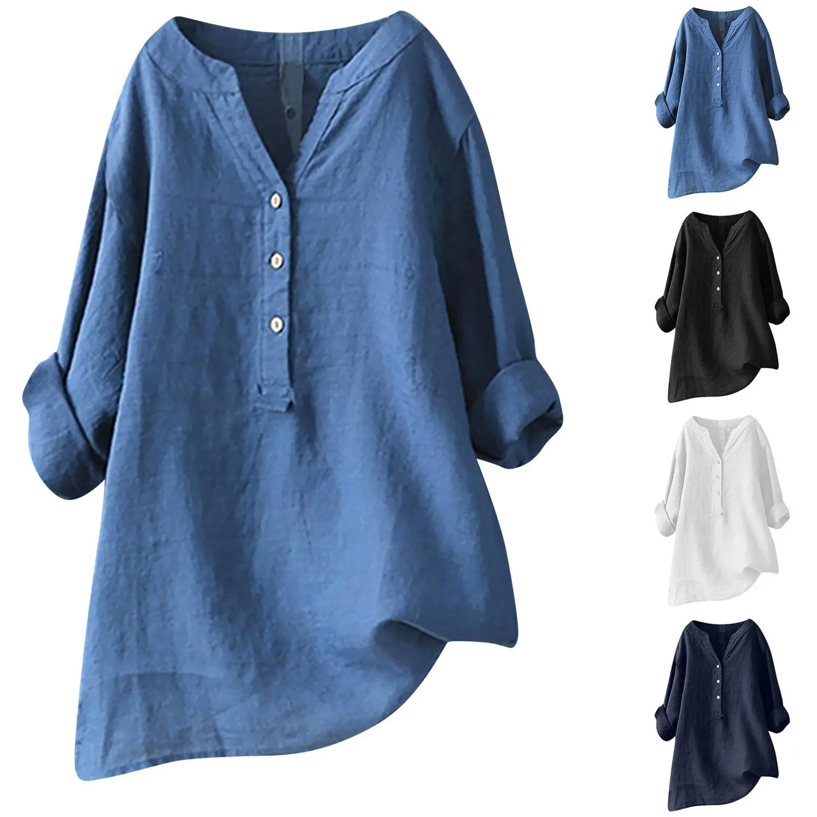 Women's autumn and winter v-neck long-sleeved cotton and linen top shirts, Women's T-Shirt Korean style basic tops blouse
