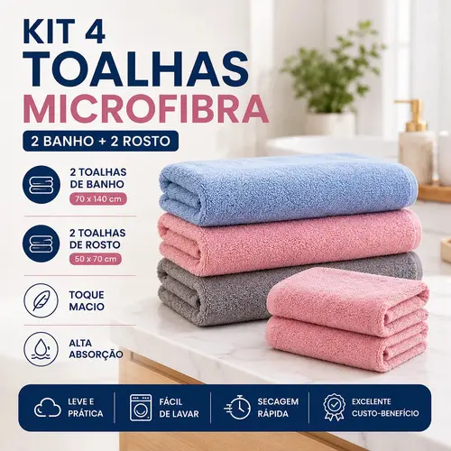 Kit 4 Toalhas 2 Banho + 2 Toalhas de Rosto Microfibra Luxo Grande Banhão Grossa Felpuda Grande Alta Maciez - 2