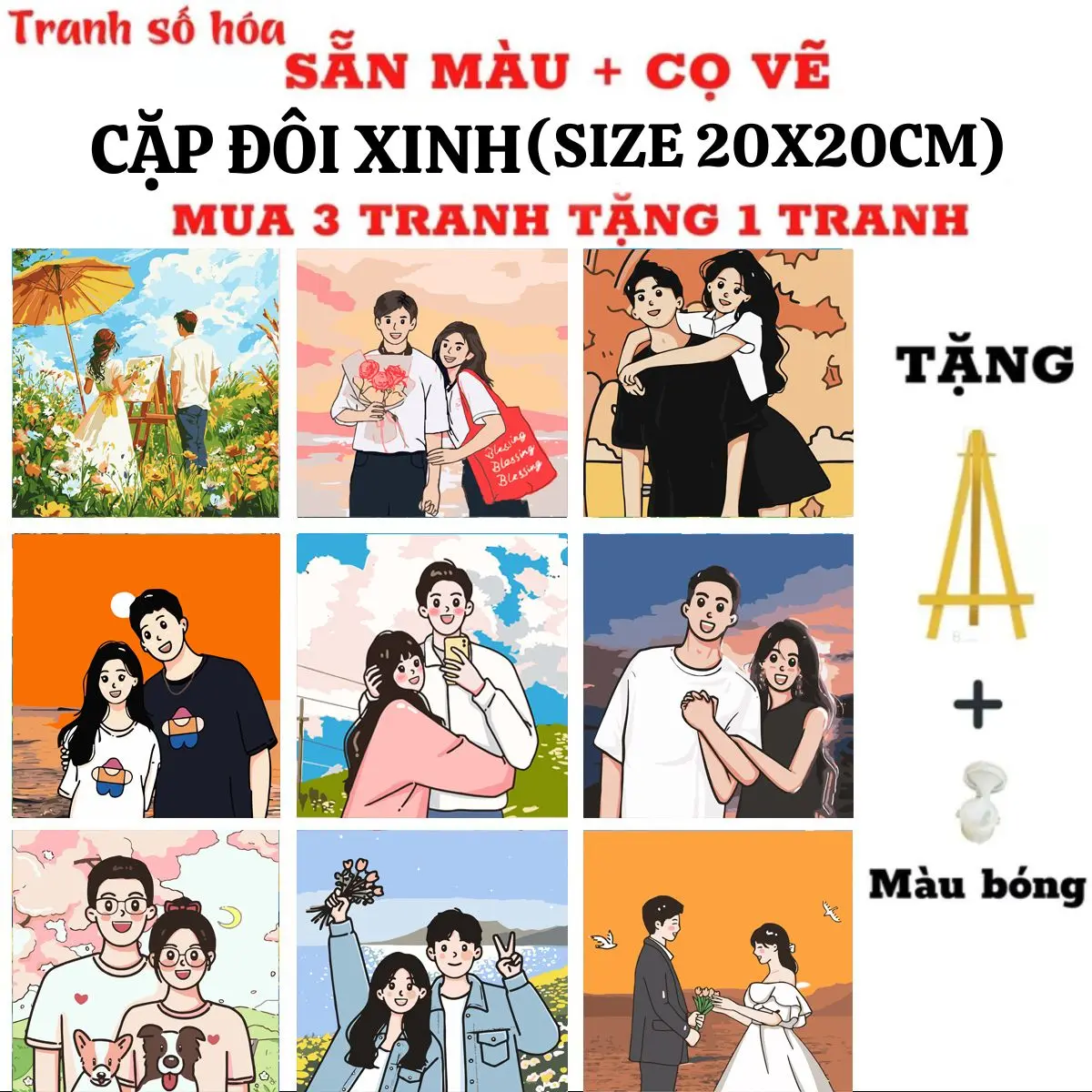 Tranh tô màu theo số CẶP ĐÔI đáng yêu kích cỡ 20x20cm đã căng sẵn khung, Mua 1 tranh Tặng 1 kệ để tranh, 1 màu bóng, màu tô, cọ vẽ, móc treo tranh, mua 3 tranh tặng 1 tranh, tặng 4 kệ gỗ, 4 màu bóng Diy Vẽ Tranh