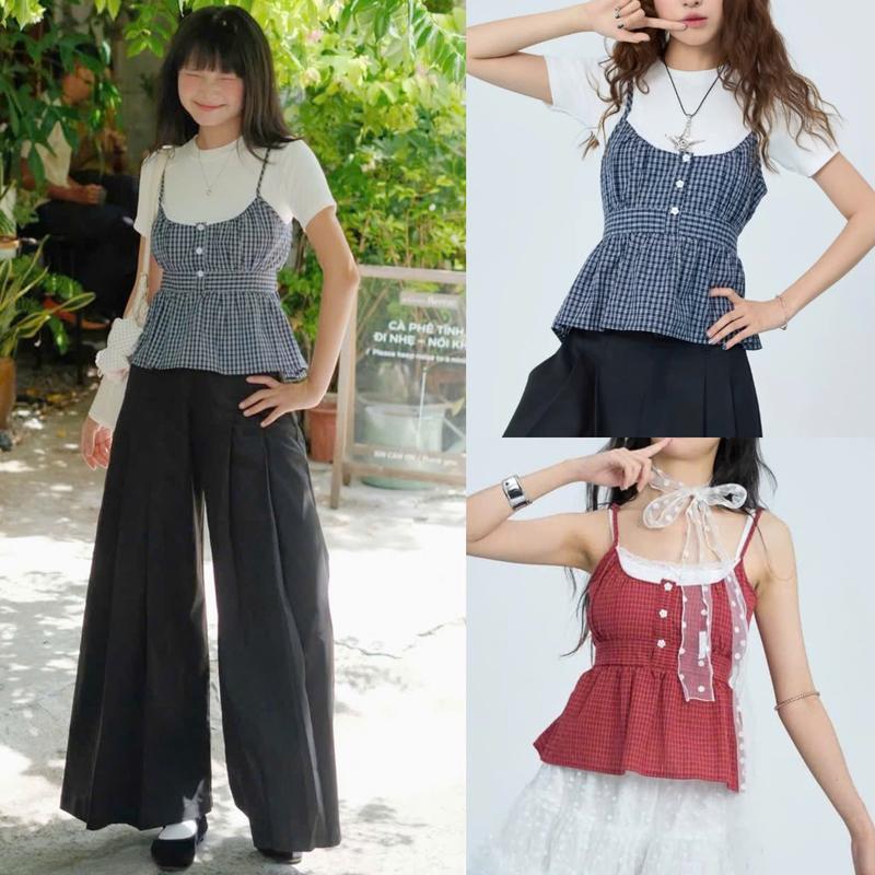 Set áo nữ A.759, Set áo 2 dây dáng lửng ôm eo kẻ caro kèm áo thun trắng cotton phong cách Y2K - Shop Chấm Bi