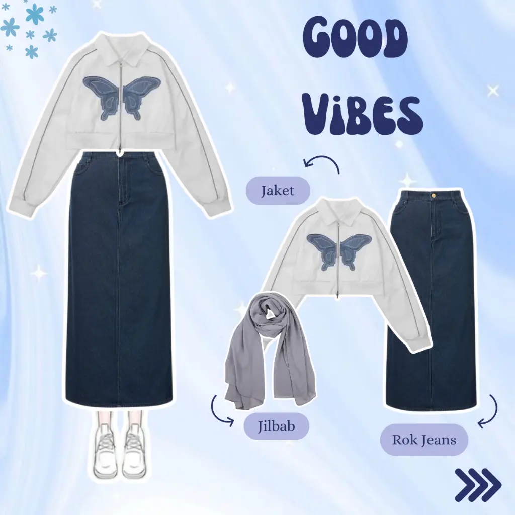 OOTD One Set Wanita Kekinian Jacket Crop Wanita | Rok Jeans Basic | Kerudung Segi Empat Anti Kusut - KA011