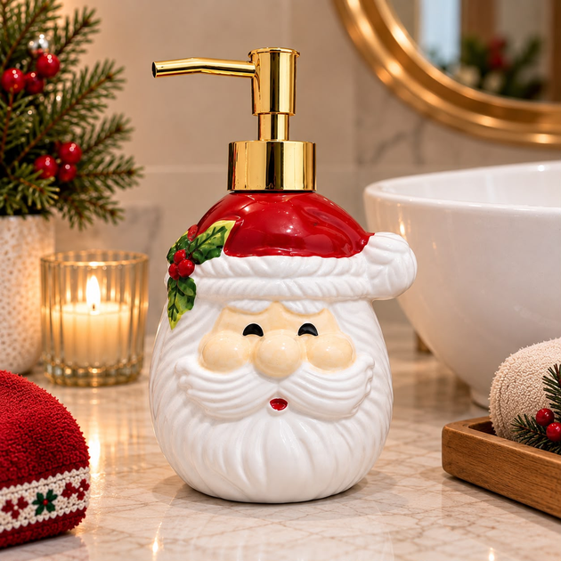 Porta-Sabonete Líquido Papai Noel Natalino com Pump Dourado