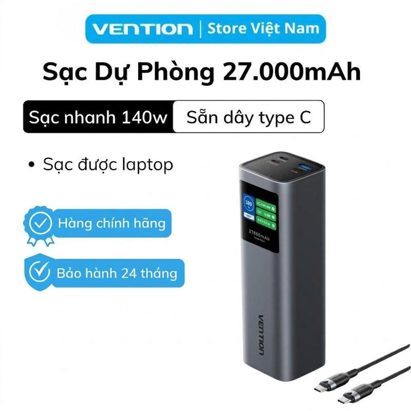 Sạc Dự Phòng Vention 27000mAh 140W - Pin Sạc Laptop PD3.1 - Màn