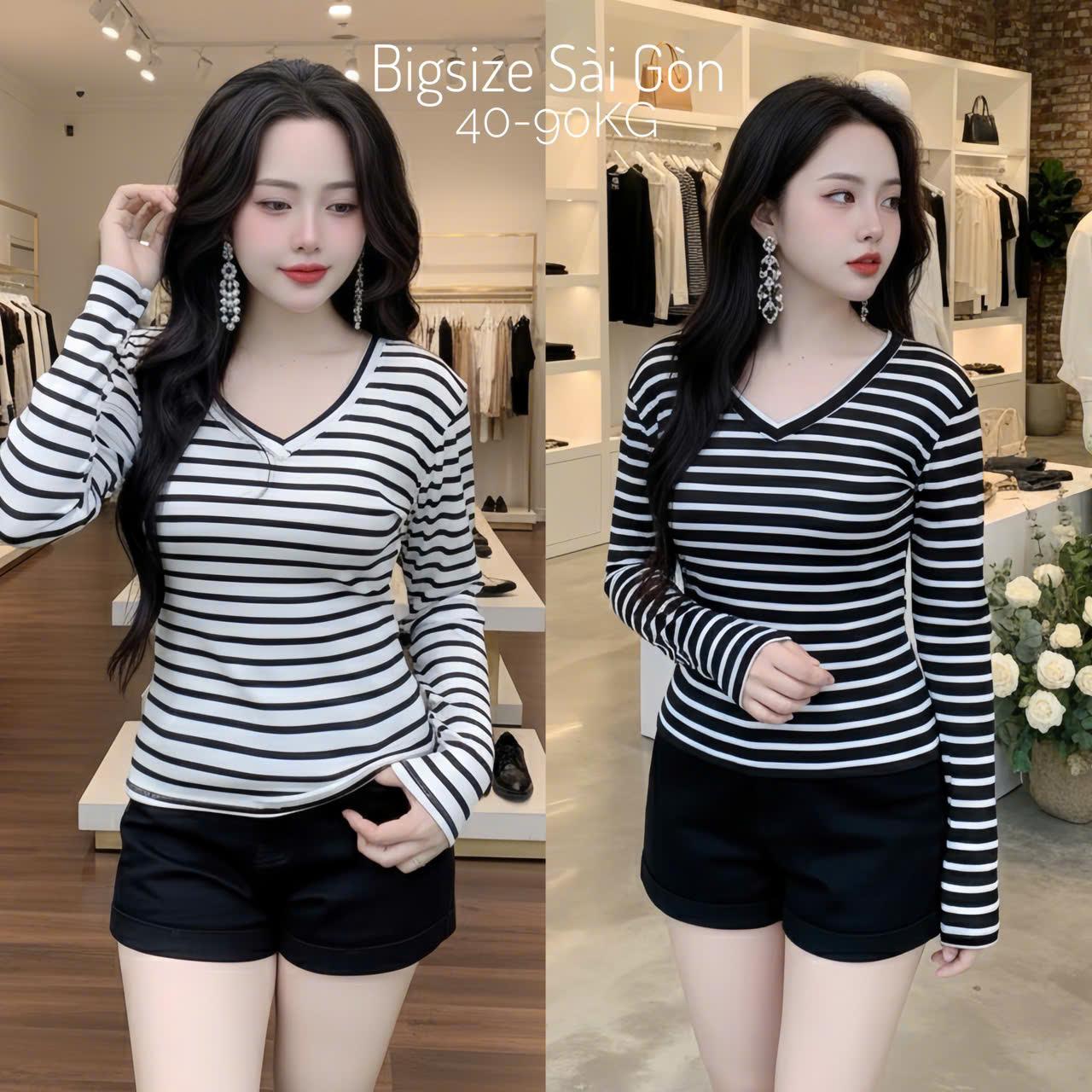 Bigsize Sài Gòn Áo Thun Nữ Tay Dài Phối Cổ Tim Béo Vải Sọc Rip Cao Cấp Thanh Lịch Bigsize 45–90kg - B.1670