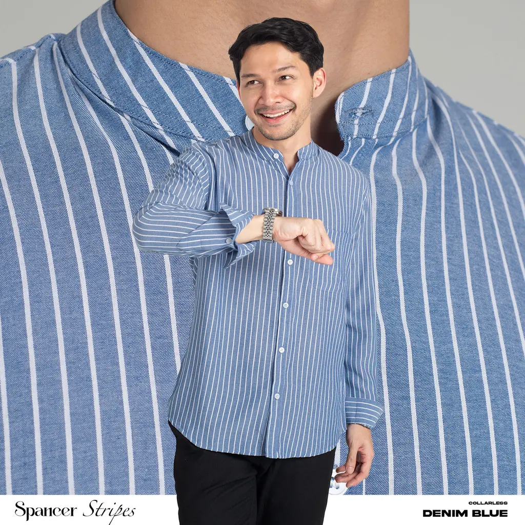 Kemeja Garis Pria WOODCUTTER Collarless Spancer Stripes Kerah Shanghai - Denim Blue Biru Lengan Panjang Salur