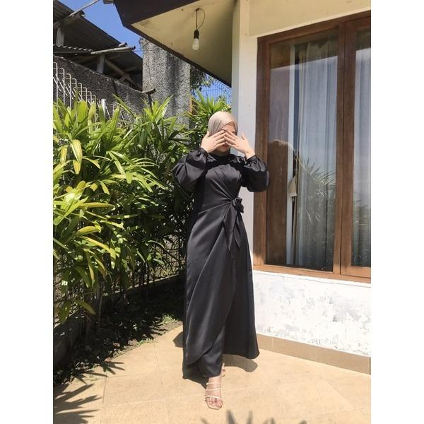 Abela Longdres Satin Silk Gamis Polos Tali Pita || Lengan Kerut Dres Maxi Remaja Gamis Kondangan Kikinian Seragam Bridesmaid 4