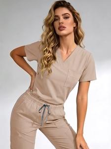 Conjunto de scrubs médicos para mujer con cuello en V, de secado rápido, elástico, cómodo y ligero, múltiples bolsillos, ropa casual para casa, para todas las estaciones