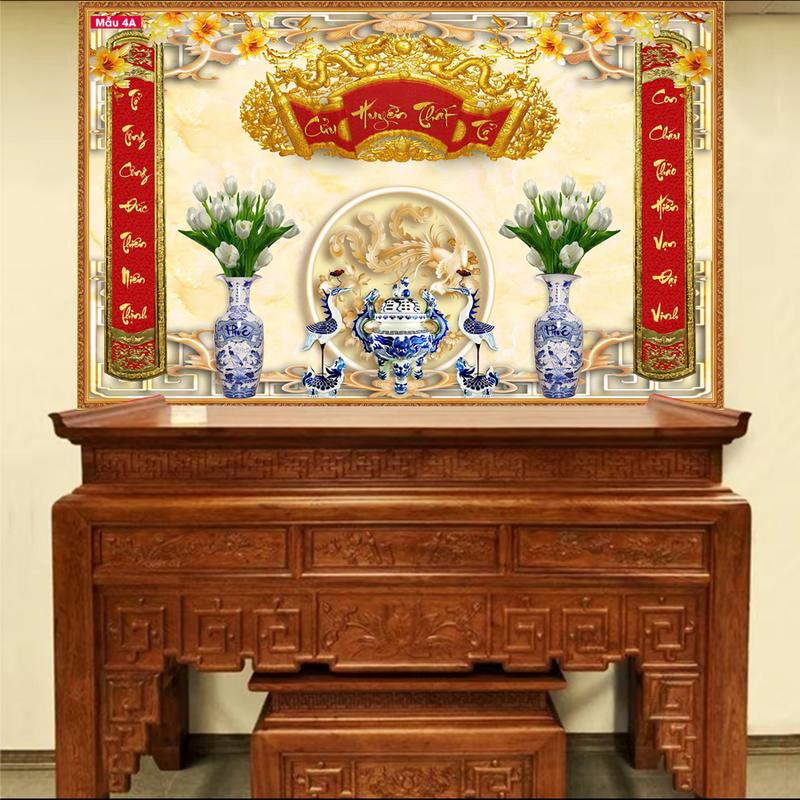 Tranh Dán Trang Trí Bàn Thờ Gia Tiên, in sắc nét trên vải Canvas Bền bỉ dễ lau chùi (Tặng Kèm Keo Dán Dụng Cụ Dán Hướng Dẫn Dán) dán được trên mọi bề mặt tường- vách nhựa-gạch men