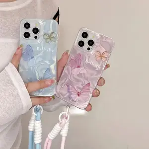Kompatibel dengan iPhone Kupu-kupu biru dan merah muda Kasus ponsel 11 12 13 14 15 16 Lembut Kasus ponsel iPhone 11 PRO MAX 12 PRO MAX 13 PRO MAX 14 14PLUS 14PRO MAX 15 15PLUS 15PRO MAX 16PRO MAX Casing yang cantik X XSMAX X