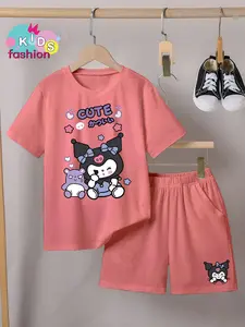 Setelan Anak Laki-laki / Perempuan dan Celana Pendek Ukuran 3-10thn Motif Kuro Purple Fashion Baju