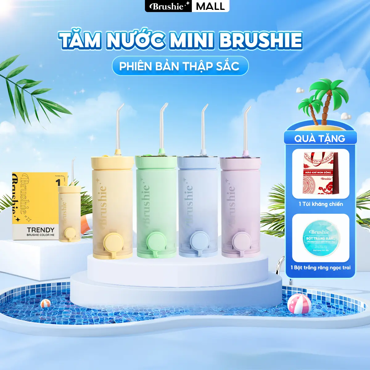 [ƯU ĐÃI SỐC] Tăm nước Brushie Thập sắc Phiên bản Pro - 10 màu sắc cá tính nhỏ gọn, tiện lợi hỗ trợ làm sạch hiệu quả [BẢO HÀNH 1000 NGÀY] - tặng túi kháng chiến + bột trắng răng ngọc trai