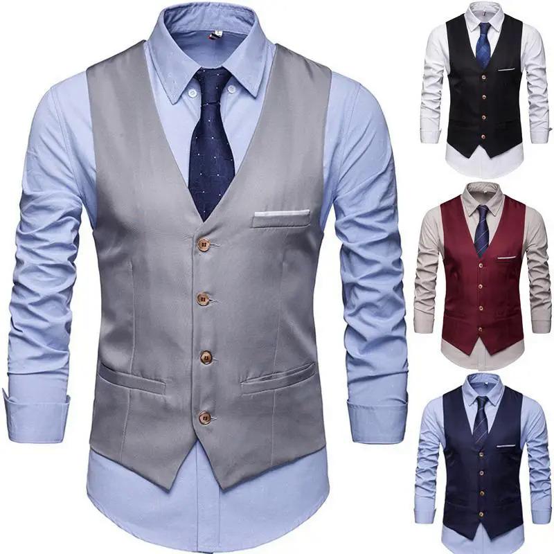 Product Introduction of Okamoto men's fashion suit vest, single breasted plain color V-neck formal jacket men suit jacket 3