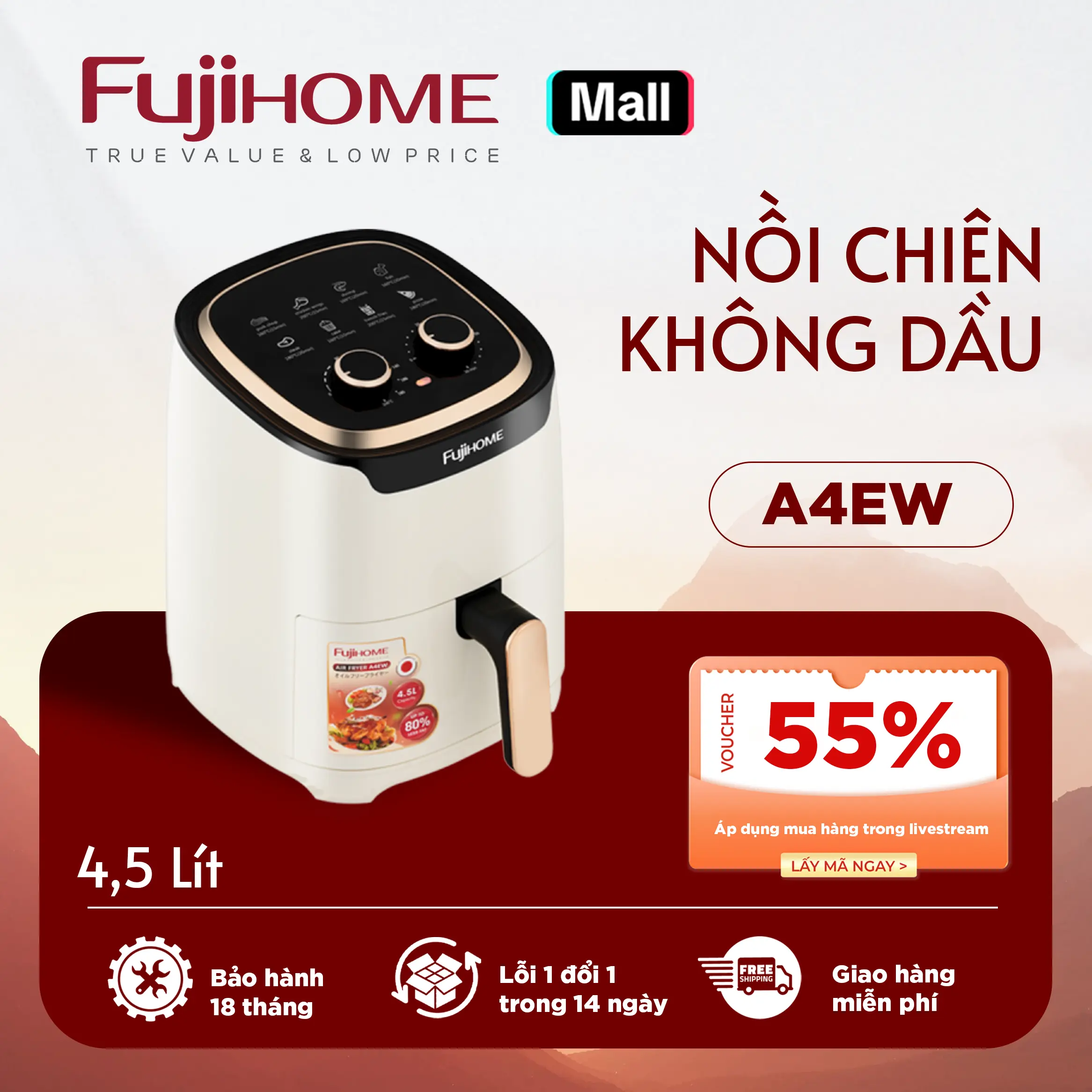 Nồi chiên không dầu FUJIHOME A4EW, dung tích 4.5L, Công suất 1500W - Bảo hành 18 tháng