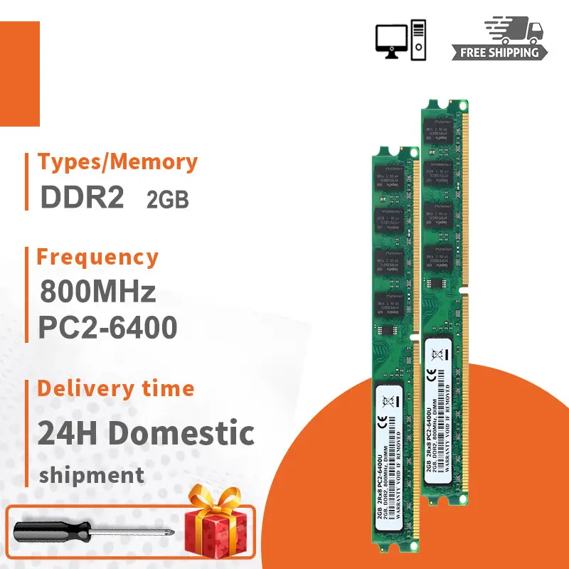 โมดูลหน่วยความจำเดสก์ท็อป, 1 ชิ้น, 2GB DDR2 800Mhz DIMM, RAM 1.8V, 2Rx8 PC2-6400U ขนาดเล็ก, สต็อกพร้อม