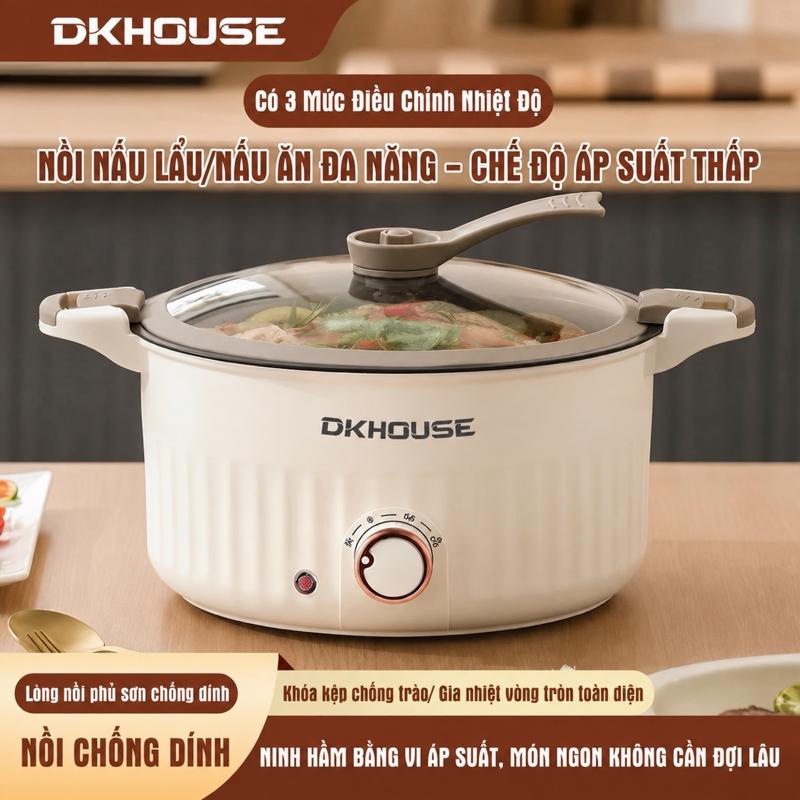 DKHOUSE Nồi Hầm 2.5L Đa Năng, Nồi Áp Suất Nấu Các Món, Nồi Lẩu, Đa Năng