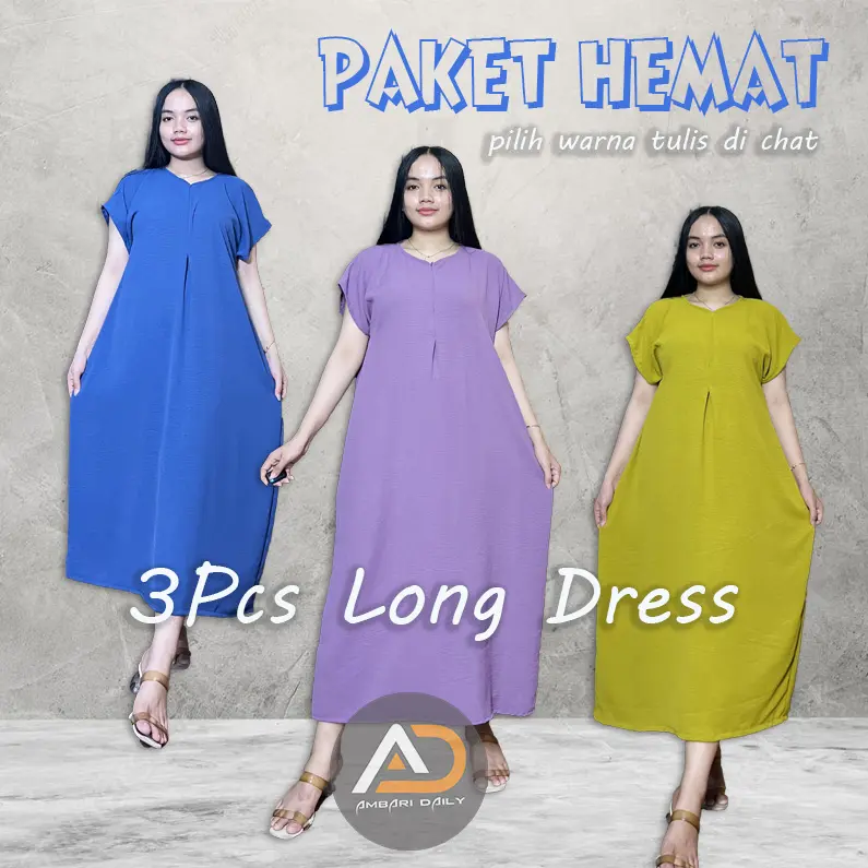 Ambari -Paket 3 Pcs Sematakaki Long Daster Wanita Dress 4