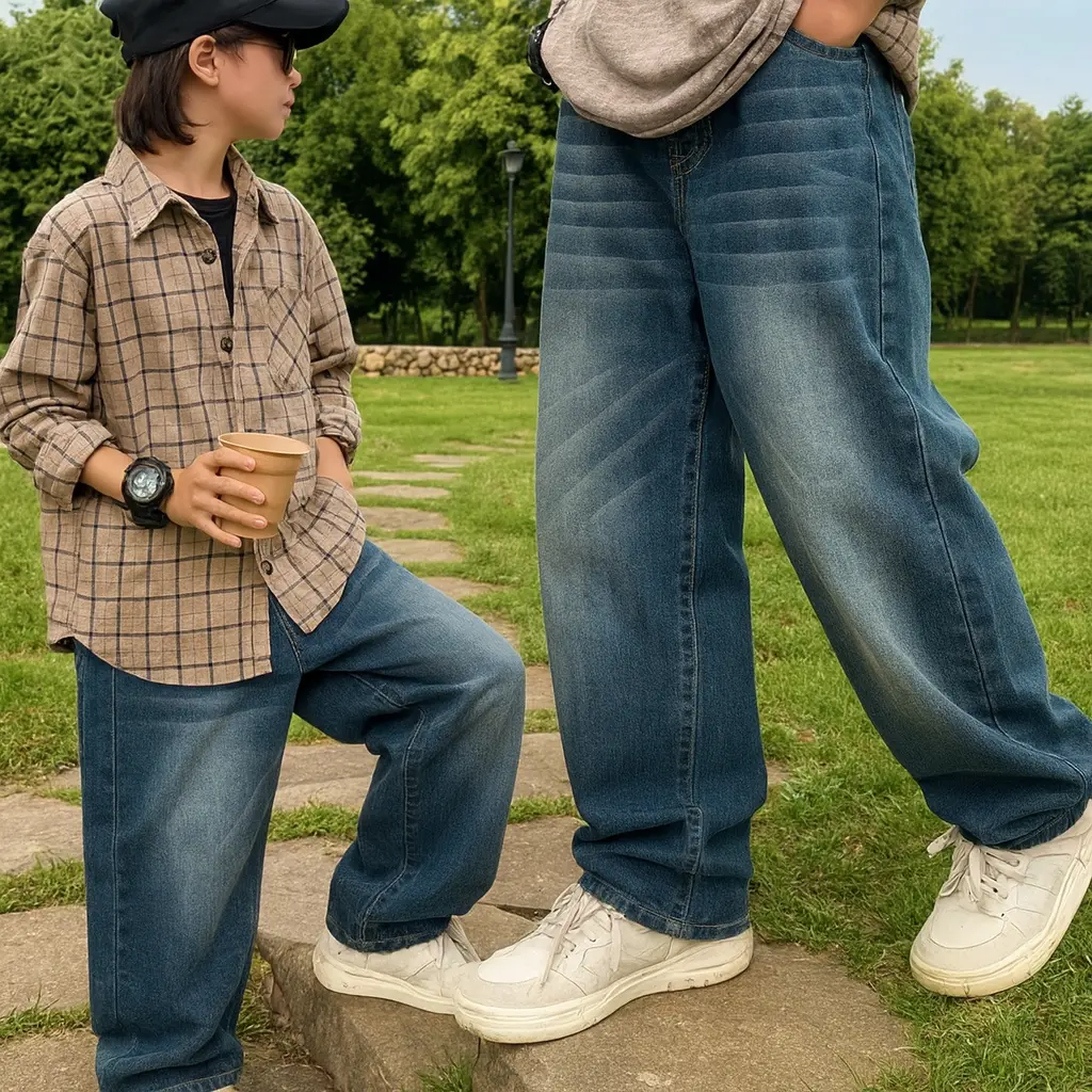 Celana Anak Jeans Baggy Wisker Karakter Fashion No 24-26 untuk Usia 8-13 Tahun Bahan Jeans 10 OZ Gaya Trendy dan Nyaman