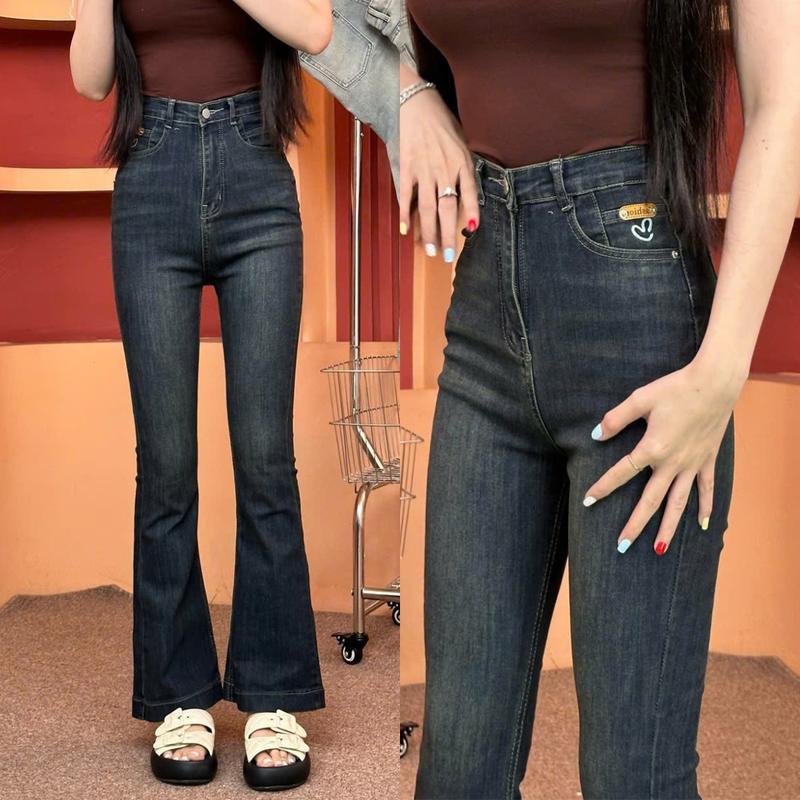    ZINLY SHOP   Quần Jean Nữ Ống Loe Có Fom Ngắn 95Cm Và Dài 105Cm Túi Thêu Thiết Kế Màu Đậm Vải Co Giản Mềm Mát Q4233 