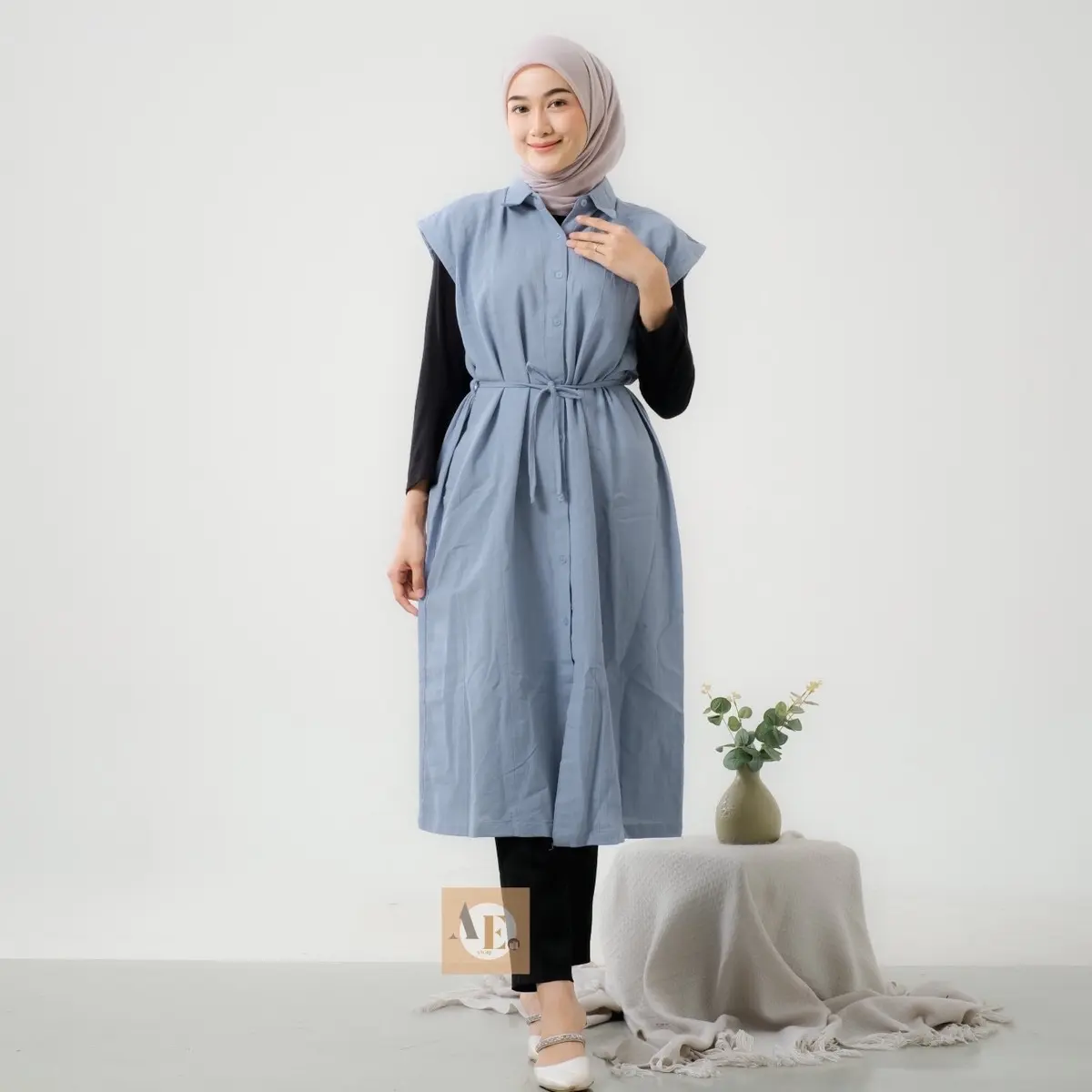 Hanum Overall Dress Outer Polos Jumpsuit Wanita Muslim Panjang Look korean Style Linen Angel Full Kancing Busui Friendly Berkerah Kemeja Casual