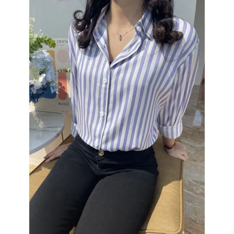 Kemeja Wanita Salur Stripe Polyrayon Size M-L-XL-XXL Atasan Kemeja Lengan Panjang 4