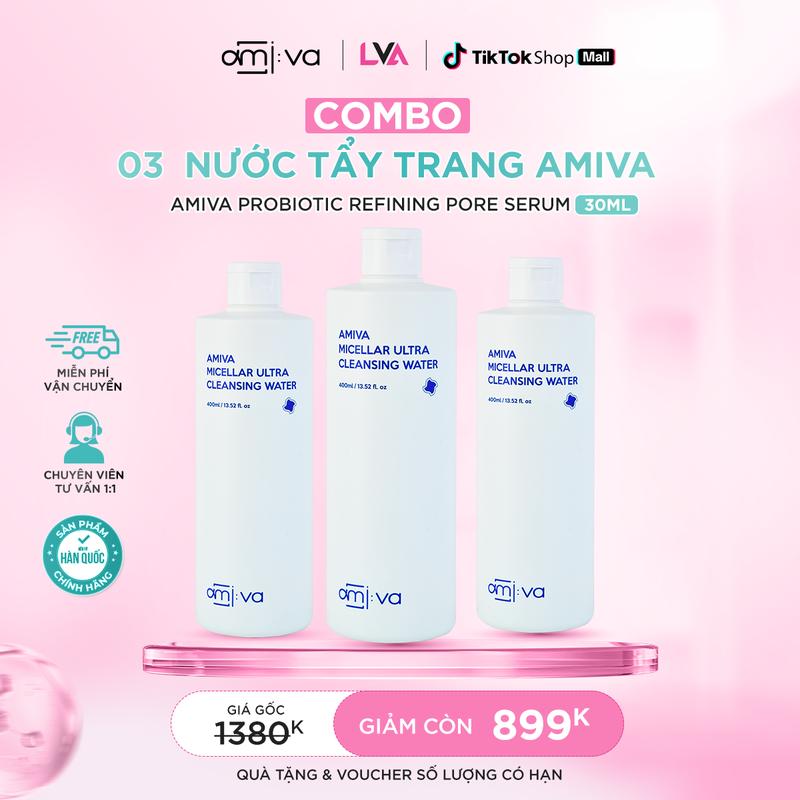 (Tặng 1 hộp bông tẩy trang) Combo 3 Nước tẩy trang AMIVA Micellar Ultra Cleansing Water 400ml