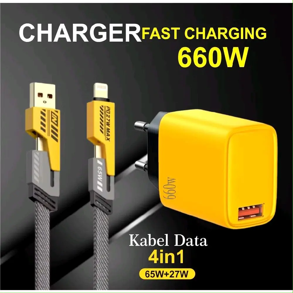 Charger Fast Charging 660W + Kabel Data 4in1 65W+27W  Multifungsi, Lightning ,Micro, Type C| Super Cepat & Aman
