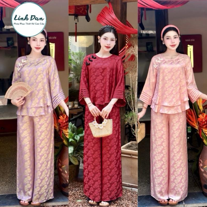 Linh Đan Bộ pháp Phục , Bộ quần áo đi chùa chất liệu lụa Tằmg xếp ly tay cúc chéo cổ cao cấp from xuông