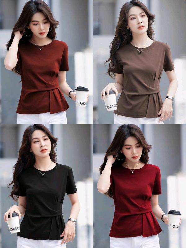 ÁO thun nữ Tăm nhuyễn Phong cách điệu đà Họa tiết vạt chéo thắt eo Mùa hè mát mẻ ( 38-72kg)