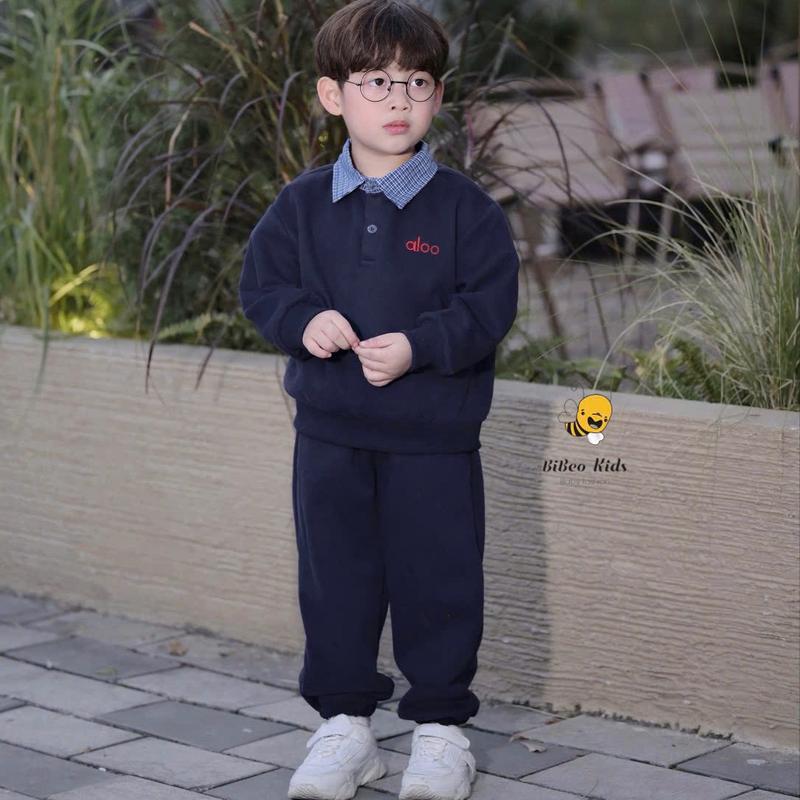   BiBeo Kids  Bộ Quần Áo NỈ ALOO PHỐI CỔ SƠ MI  cho bé trai ,Bộ quần áo dài tay cho bé 