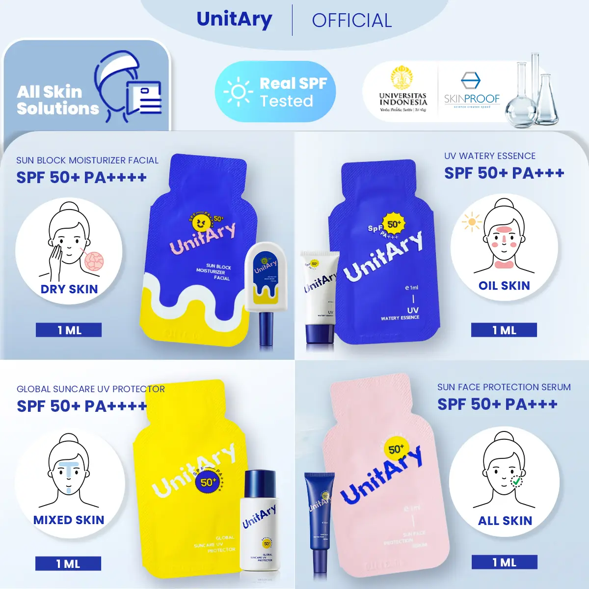 [ Giveaway only ] Sample sunscreen UNITARY All Skins Sunscreen SPF ASLI DI UJI INVIVOINVITRO SPF 50+/PA++++ BPOM Facial Berminyak Kering Perawatan