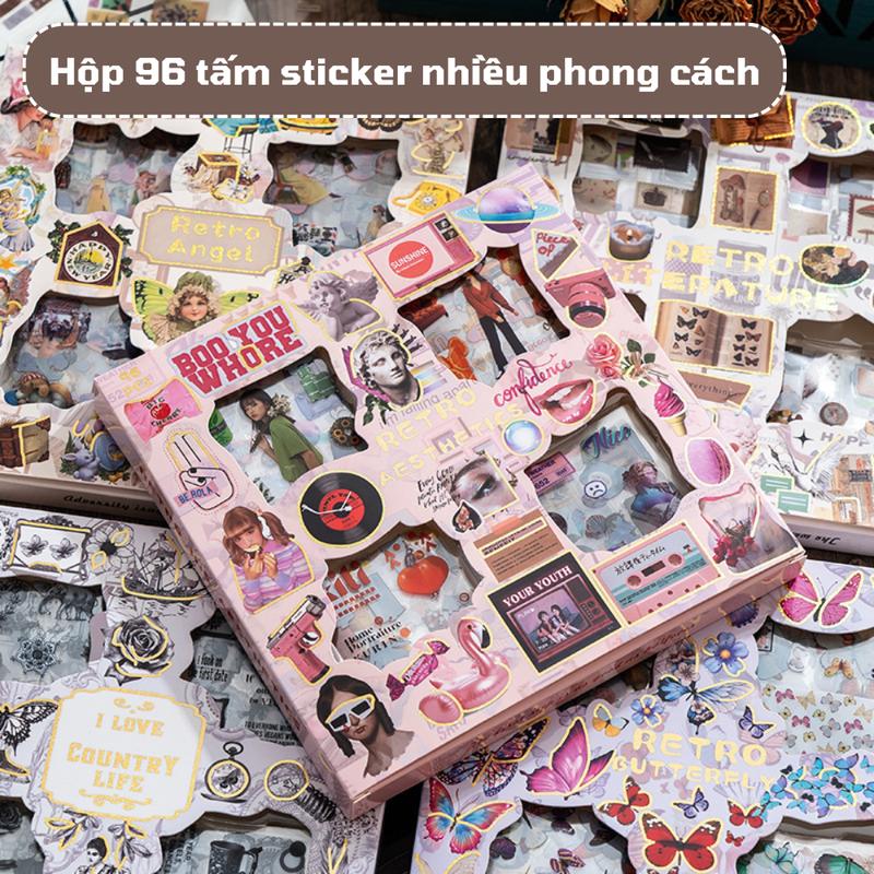 Hộp 96 tấm sticker VINTAGE trang trí dán tập vở, bình nước, bút nước