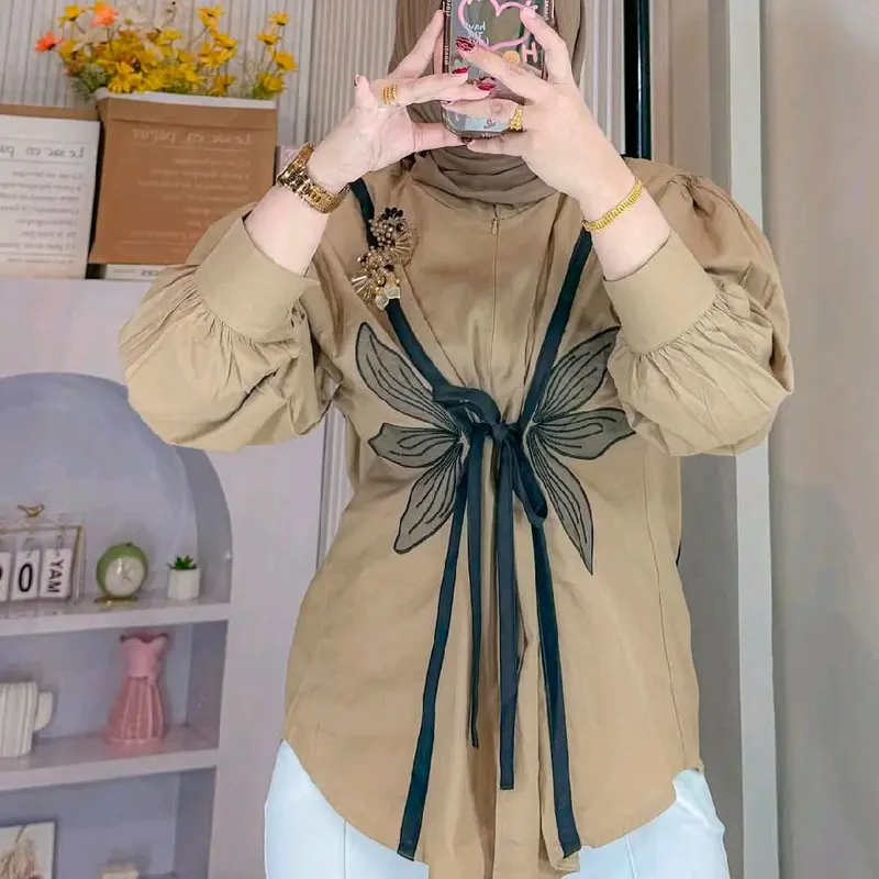 Atasan katun bunga bordir tali 0
