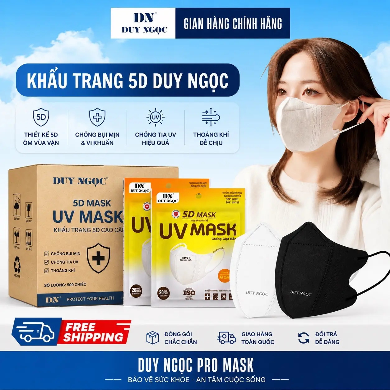 [GIẢM GIÁ CHÀO HÈ ] KHẨU TRANG 5D DUY NGỌC, 3 Lớp Vải Không Dệt Cao Cấp Mềm Mịn, Chống Bụi Mịn Và Tia UV