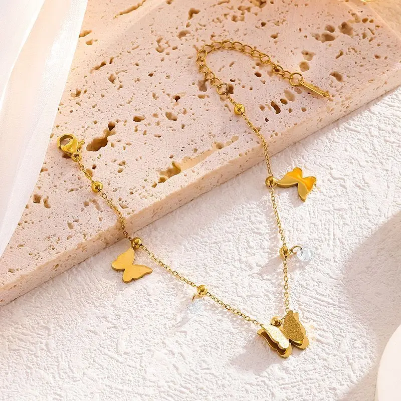 GK21 - Gelang Kaki Diana Bentuk Tiga Butterfly Gold Titanium Steel Model Korea Anti Karat 1