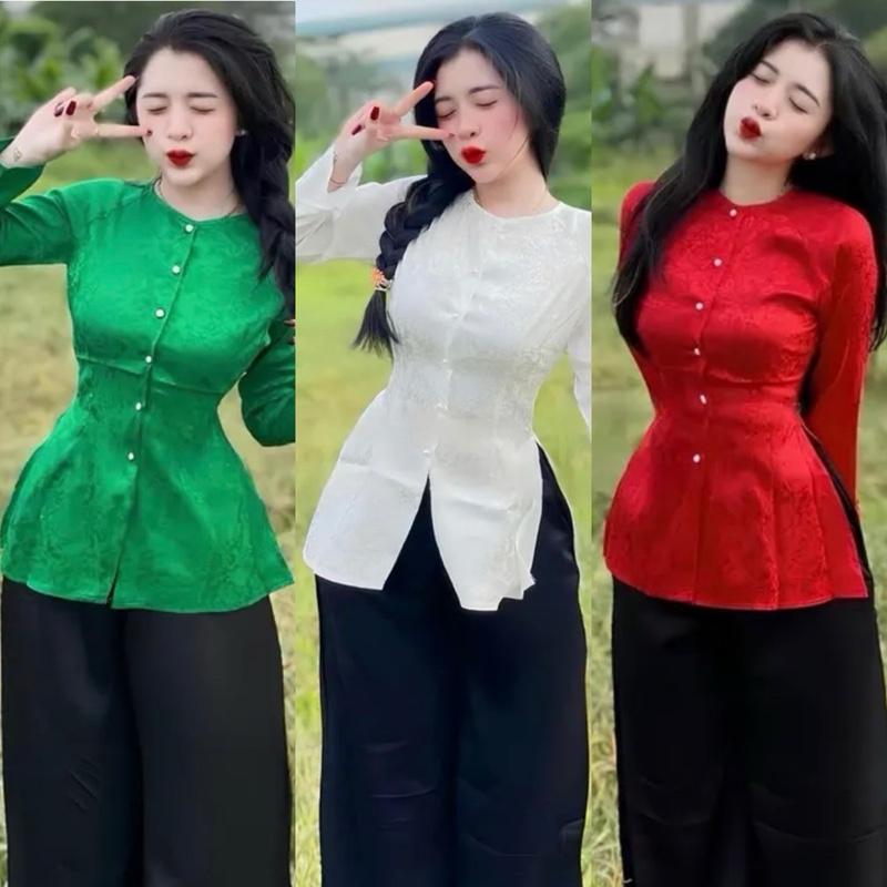 ÁO LẺ QUẦN LẺ bà ba nữ cổ tròn vải gấm quần lụa thái cài nút phía trước mặc đi chùa ngày thường Top áo bà ba Nữ