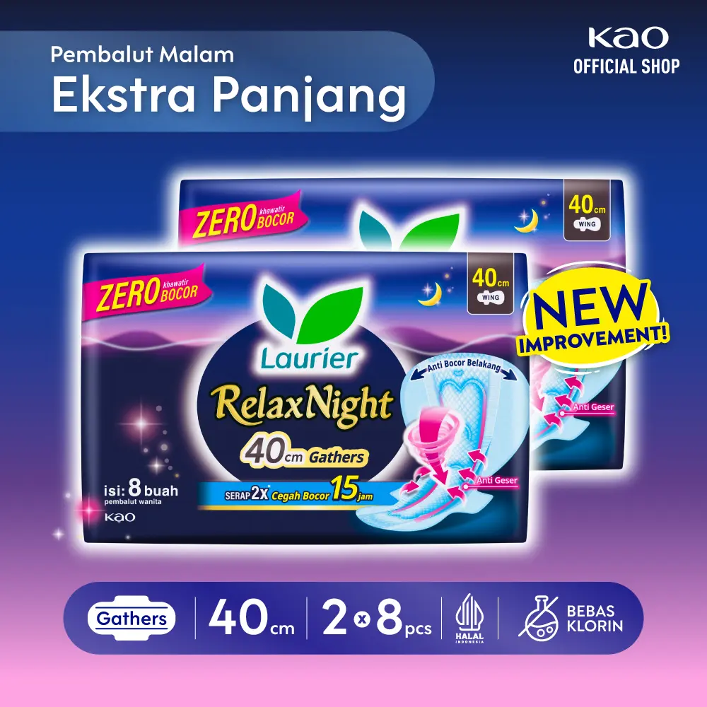 Laurier Relax Night Pembalut Malam Wing Gathers 40 – 8s Twinpack