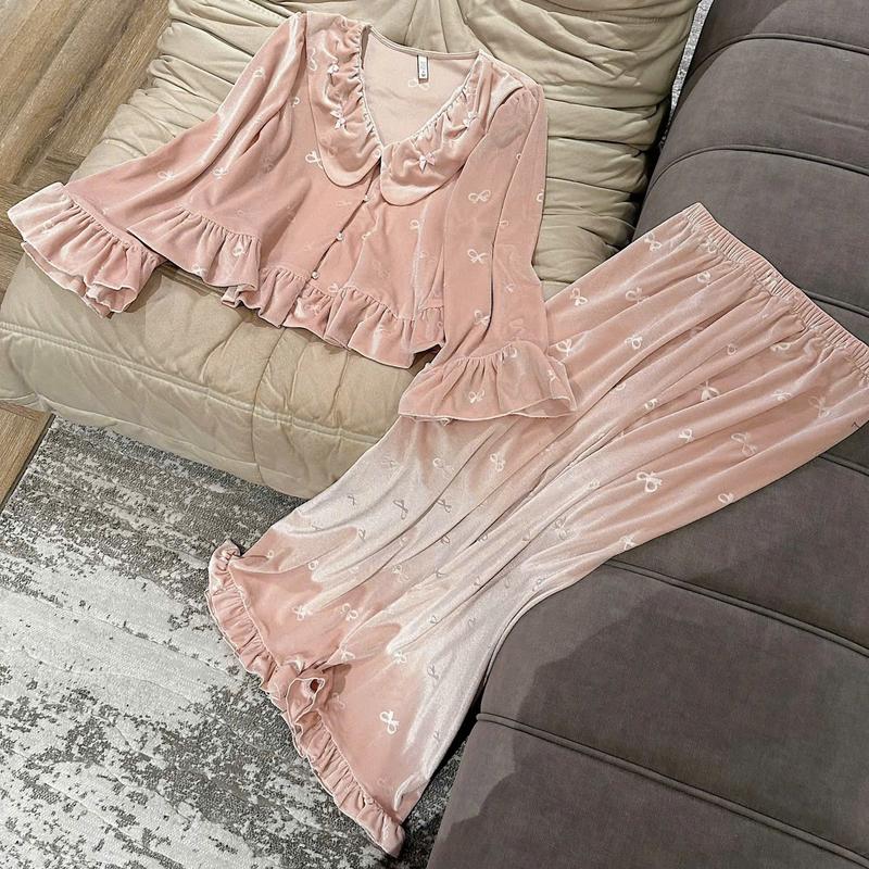  N450 - Pijama dài tay nhung ấm vân gấm nơ - Bộ ngủ mặc nhà cho nữ hàng quảng châu cao cấp 