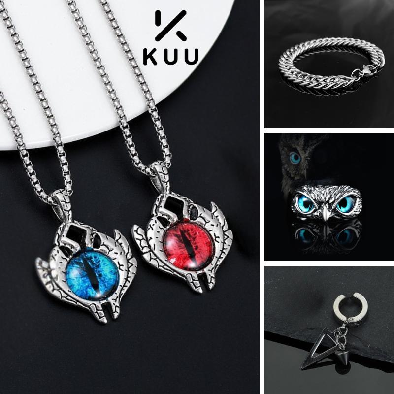  Bộ 4 sản phẩm Combo Mắt Quỷ ver2 Blue + Nhẫn Mắt Cú + Vòng tay Chuỗi Xích T.IN + Hoa Tai kẹp Tam Giác Chất liệu titan không rỉ vòng cổ dây dài Hình mắt mèo - Kuuclothes 