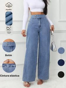 Jeans de mujer, pantalones de pierna ancha, cintura elástica, jeans con acabado rígido, jeans casuales, estilo casual elegante para trabajo/oficina, uso en todas las estaciones, ajuste holgado, largo hasta el tobillo