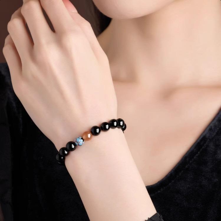 Milon Vòng Tay đá obsidian đen (8mm-10mm), Dây Hạt Sen, Quà Tặng Trang Sức, Dành Cho Nam Và Nữ Phụ Kiện, Tặng bạn gái,Vòng tay đôi